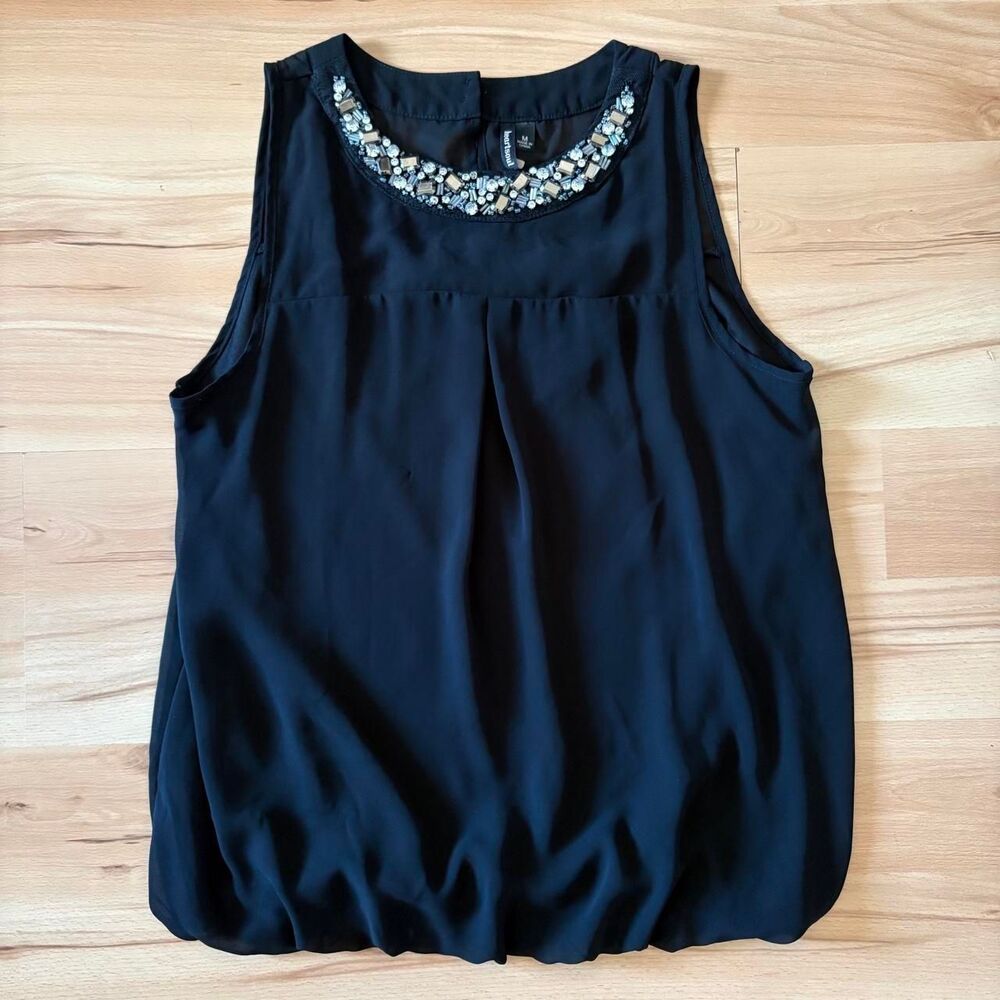 Heartsoul Y2K Black Chiffon Bubble Hem Blouse Jewel Neck Sleeveless Top size M